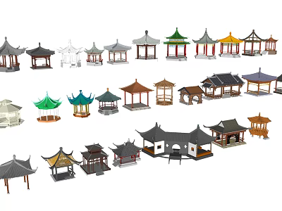 Chinese Pavilion Models With Various Styles Different Colors And Traditional Roof Designs 3d model