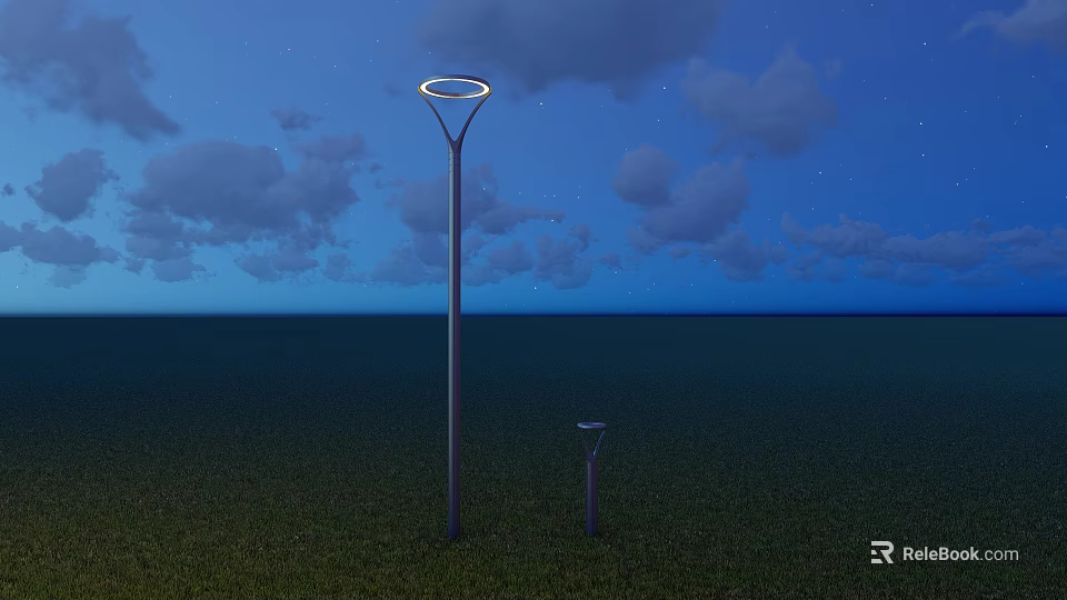 Modern Outdoor Lights With Tall And Short Design In Night Sky Grass Field 3d model 