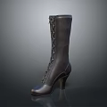 Black Leather Lace Up Knee High Boots Shoes with High Heel and Classic Design