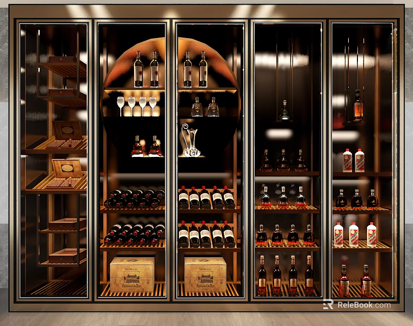 Luxury Wine Cellar With Glass Doors And Assorted Bottles 3d model