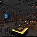 Industrial Style Bar Interior With Brick Walls Brown Sofas Chandeliers And TV Screen