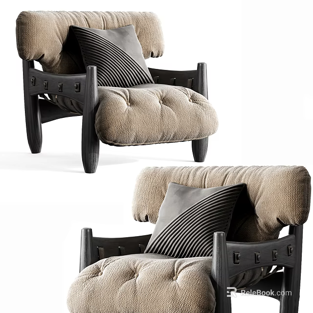 Comfortable Single Sofa With Beige Padded Seat Black Wooden Frame And Striped Cushion 3d model 