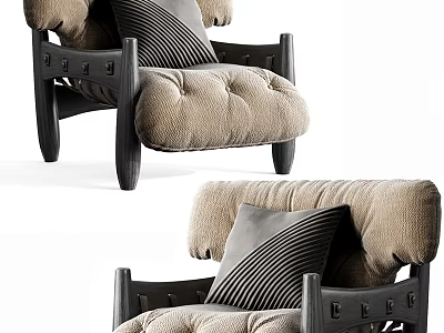 Comfortable Single Sofa With Beige Padded Seat Black Wooden Frame And Striped Cushion 3d model