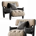 Comfortable Single Sofa With Beige Padded Seat Black Wooden Frame And Striped Cushion