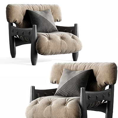 Comfortable Single Sofa With Beige Padded Seat Black Wooden Frame And Striped Cushion 3d model