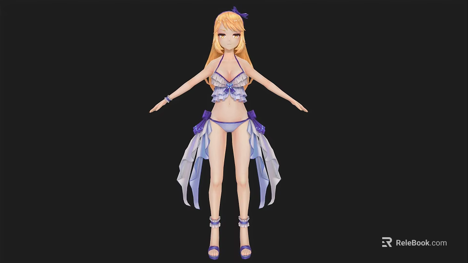 Blonde Woman Wearing Blue Purple Bikini With Flowing Skirt And Purple Sandals Against Black Background 3d model 
