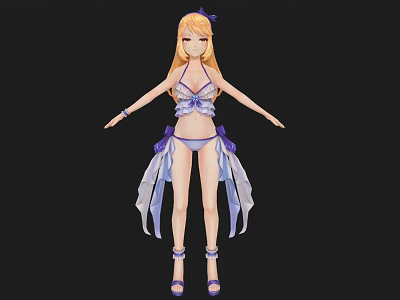 Blonde Woman Wearing Blue Purple Bikini With Flowing Skirt And Purple Sandals Against Black Background 3d model