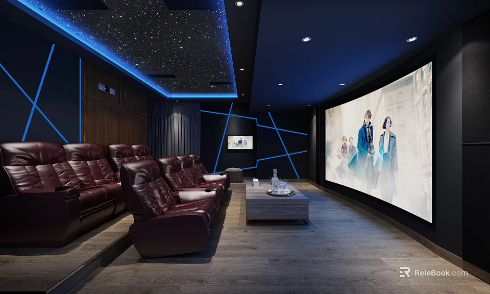 Modern Home Theater Interior With Starry Ceiling Blue Ambient Lighting And Leather Recliner Seats 3d model 