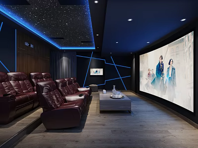 Modern Home Theater Interior With Starry Ceiling Blue Ambient Lighting And Leather Recliner Seats 3d model