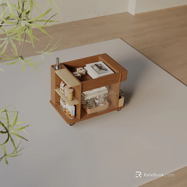 Wooden Side Table With Storage Shelves And Wheels For Living Room Decor 3d model 