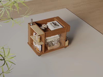 Wooden Side Table With Storage Shelves And Wheels For Living Room Decor 3d model