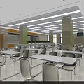 Spacious Modern Dining Hall Interior With White Tables Chairs Columns Ceiling Lights And Windows 3d model