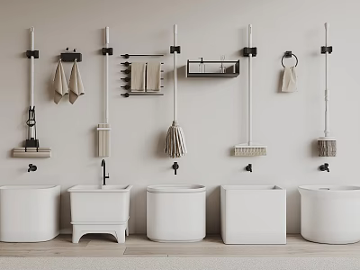 Cleaning Tools And White Sinks Arranged On Wall 3d model