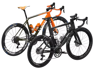 Two Road Bicycles Featuring Orange And Black Aerodynamic Frames Drop Handlebars And Carbon Wheels 3d model