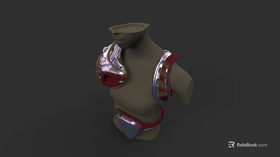 Women's Decorative Shoulder And Chest Armor With Silver Red Accents Green Detail 3d model 