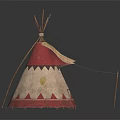 Traditional Tepee Tent With Red And Beige Canvas Decorative Pattern And Wooden Poles