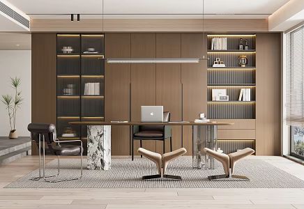 Modern Italian Study Bookcase Book Table and Chair Combination Chandelier Lazy Sofa 3d model