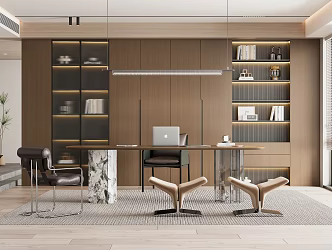 Modern Italian Study Bookcase Book Table and Chair Combination Chandelier Lazy Sofa 3d model