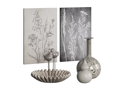Ornament Decor Set With Botanical Paintings Bird Figurines Fan Shaped Tray And Vases 3d model