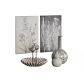 Ornament Decor Set With Botanical Paintings Bird Figurines Fan Shaped Tray And Vases