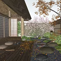 Serene Courtyard Garden Featuring Wooden Deck Round Cushions Cherry Blossom Tree And Fallen Leaves