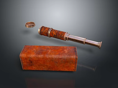 Engraved Brass Telescope With Leather Case For Scenic Landscape Viewing 3d model