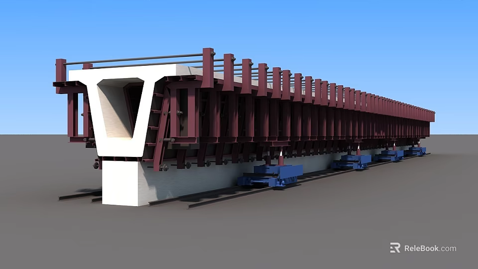 Prefabricated Bridge Girder Structure With Red Beams White Abutment Blue Supports On Tracks 3d model 