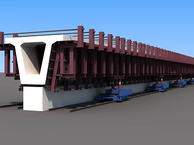 Prefabricated Bridge Girder Structure With Red Beams White Abutment Blue Supports On Tracks 3d model
