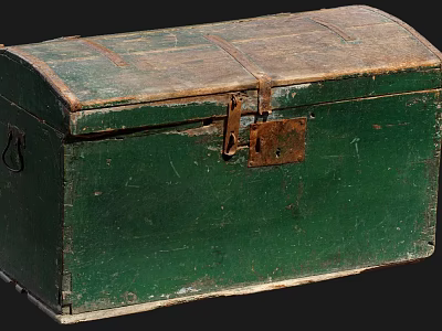 Vintage Green Wooden Trunk With Metal Lock And Curved Top Worn Surface 3d model
