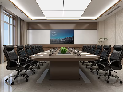 Modern Conference Room Interior With Long Table Black Leather Chairs Large Screen Green Plant Windows 3d model