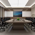 Modern Conference Room Interior With Long Table Black Leather Chairs Large Screen Green Plant Windows