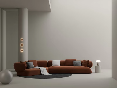 Modern Minimalist Brown Multi Seater Sofa With Plush Cushions In Neutral Toned Room 3d model