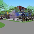 Colorful Container Commercial Street Design With Trees Pedestrians And Parking Area