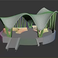 Cartoon Scene Featuring Round Platform White Curved Roof Green Pillars Beige Seats Ramp And Steps