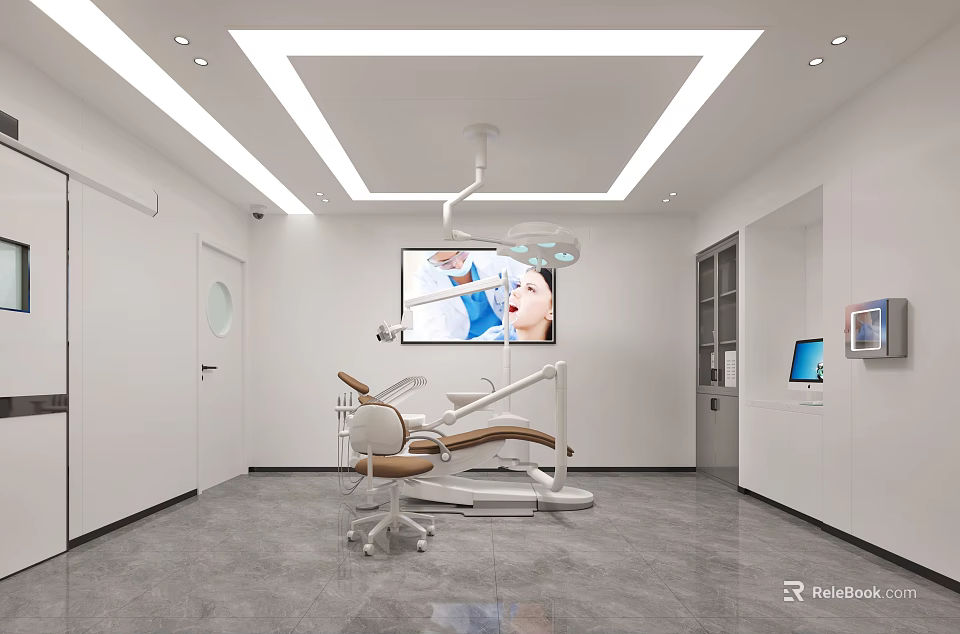 Modern Dental Clinic Interior With Dental Chair Surgical Light And TV Screen 3d model 