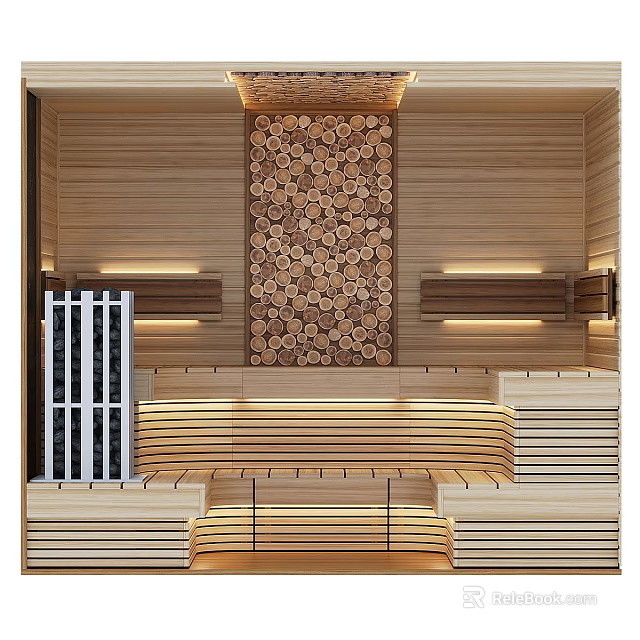Modern Shower Sauna Interior With Wooden Benches Warm Lighting And Decorative Log Wall 3d model 