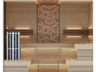 Modern Shower Sauna Interior With Wooden Benches Warm Lighting And Decorative Log Wall 3d model