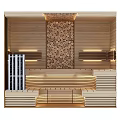 Modern Shower Sauna Interior With Wooden Benches Warm Lighting And Decorative Log Wall