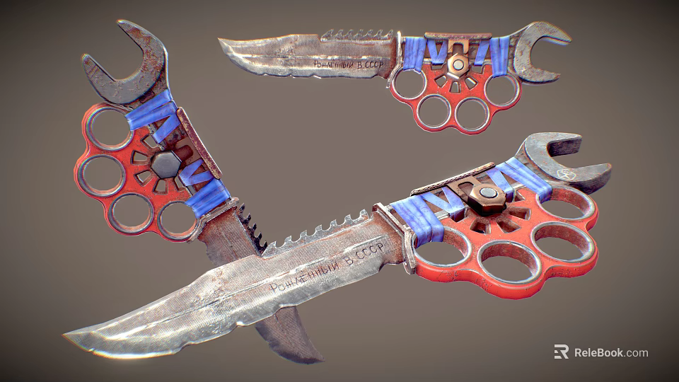 Mechanical Weapon Knife Featuring Wrench Knuckles And Serrated Metal Blade With Red Blue Accents 3d model 