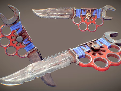 Mechanical Weapon Knife Featuring Wrench Knuckles And Serrated Metal Blade With Red Blue Accents 3d model