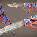 Mechanical Weapon Knife Featuring Wrench Knuckles And Serrated Metal Blade With Red Blue Accents