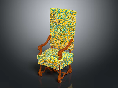 Ornate Chair With Yellow And Blue Floral Patterned Fabric Wooden Armrests And Legs 3d model