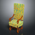 Ornate Chair With Yellow And Blue Floral Patterned Fabric Wooden Armrests And Legs