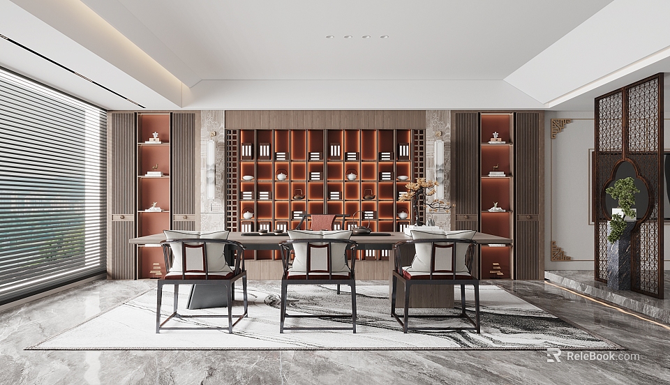 Traditional Tea Room Interior Design With Wooden Bookshelves Tables and Chairs 3d model 