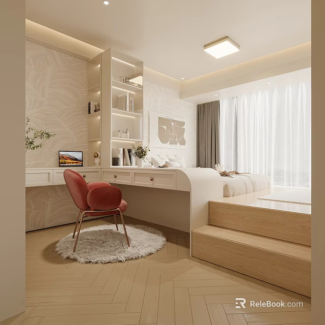 Modern Tatami Bedroom Interior With Tatami Bed Desk Red Chair And Curtains 3d model 