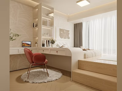 Modern Tatami Bedroom Interior With Tatami Bed Desk Red Chair And Curtains 3d model