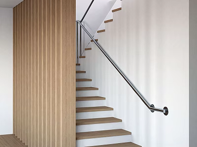 Modern Staircase Design With Wooden Steps And Metal Handrail Against White Walls 3d model