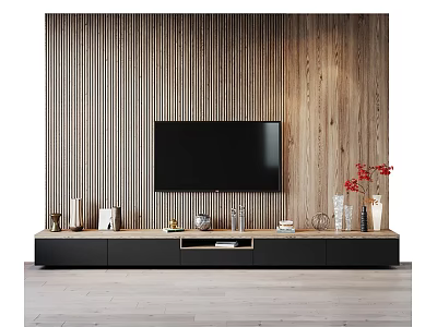 Modern TV Stand With Vertical Wooden Striped Wall TV Decorative Vases Books And Red Flowers 3d model
