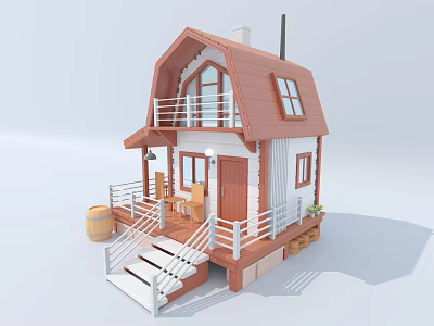 Cartoon Scene of a Small House With Red Roof White Railing Porch Stairs and Plants 3d model