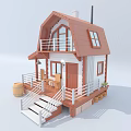 Cartoon Scene of a Small House With Red Roof White Railing Porch Stairs and Plants